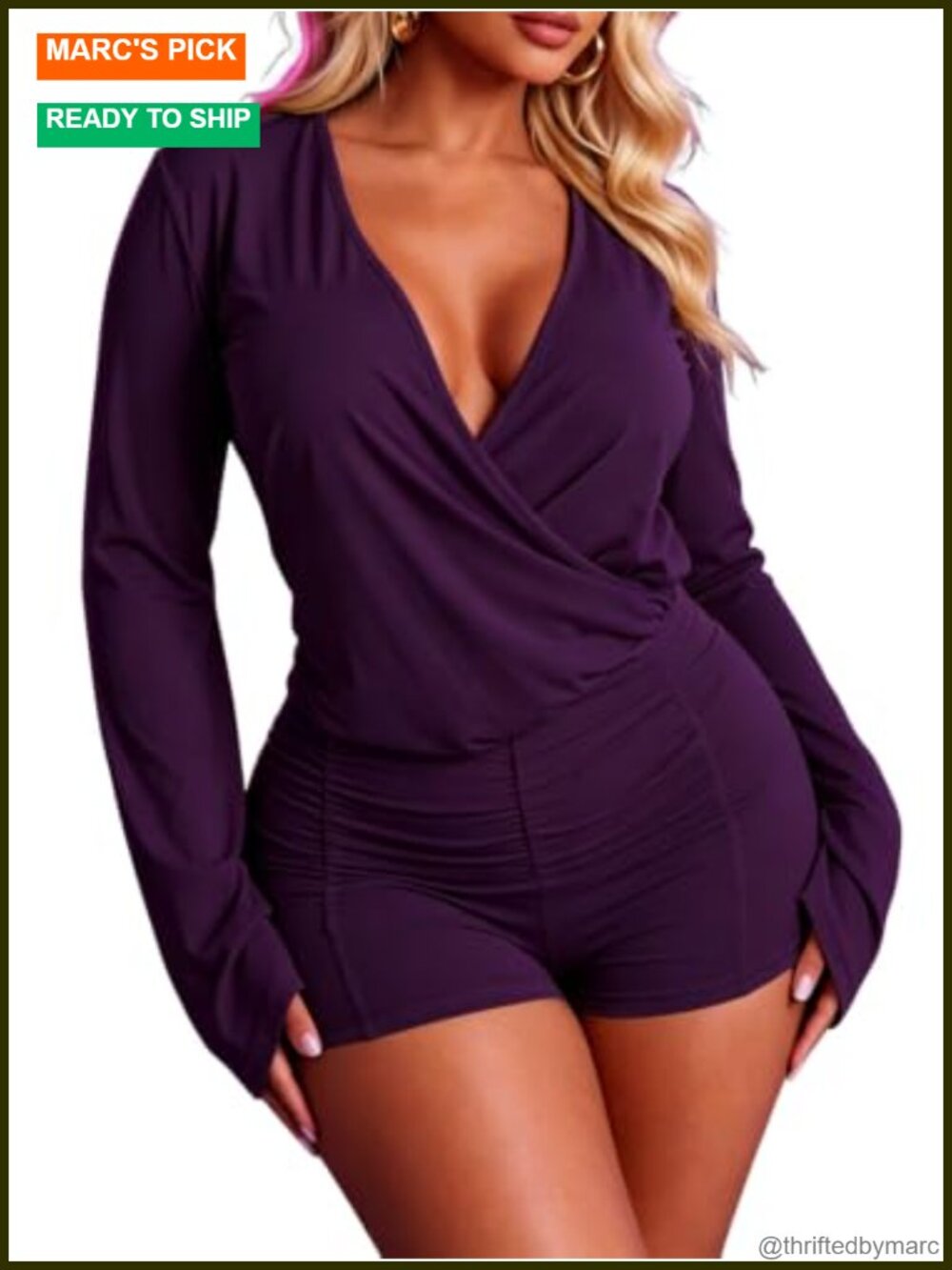 Women's V Neck Ruched Short Jumpsuit Long Sleeve Club Outfit